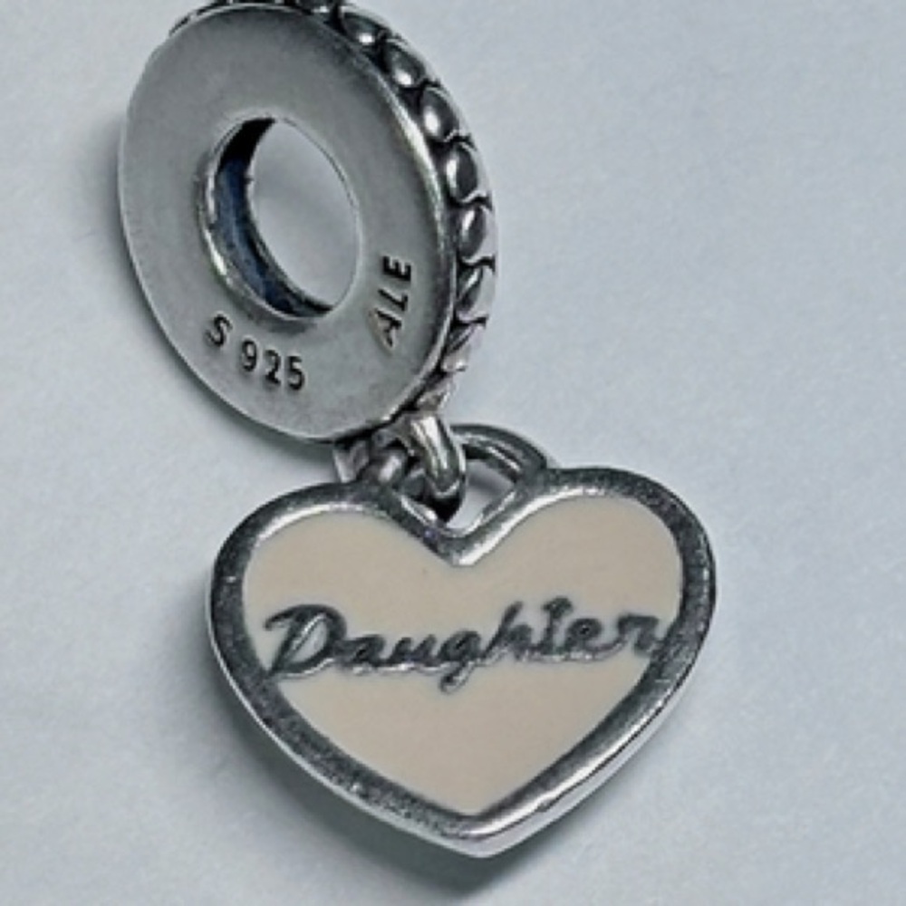 Auth Pandora Sterling Silver Pink Enamel Daughter Dangle Heart Charm 3.3g